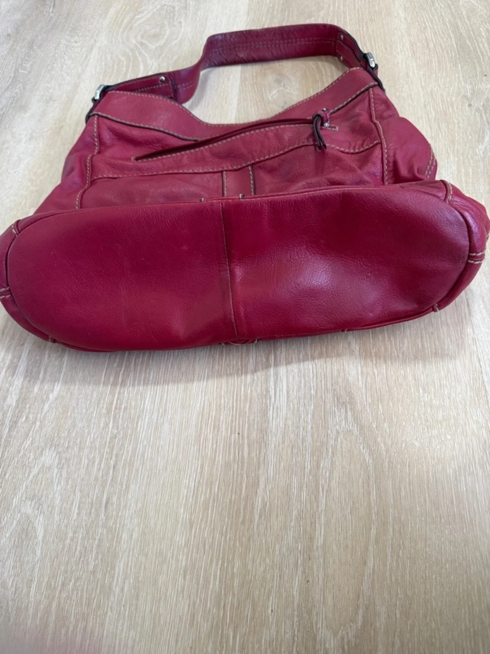 Tignanello Red Leather Shoulder Bag with Buckle Front Pockets